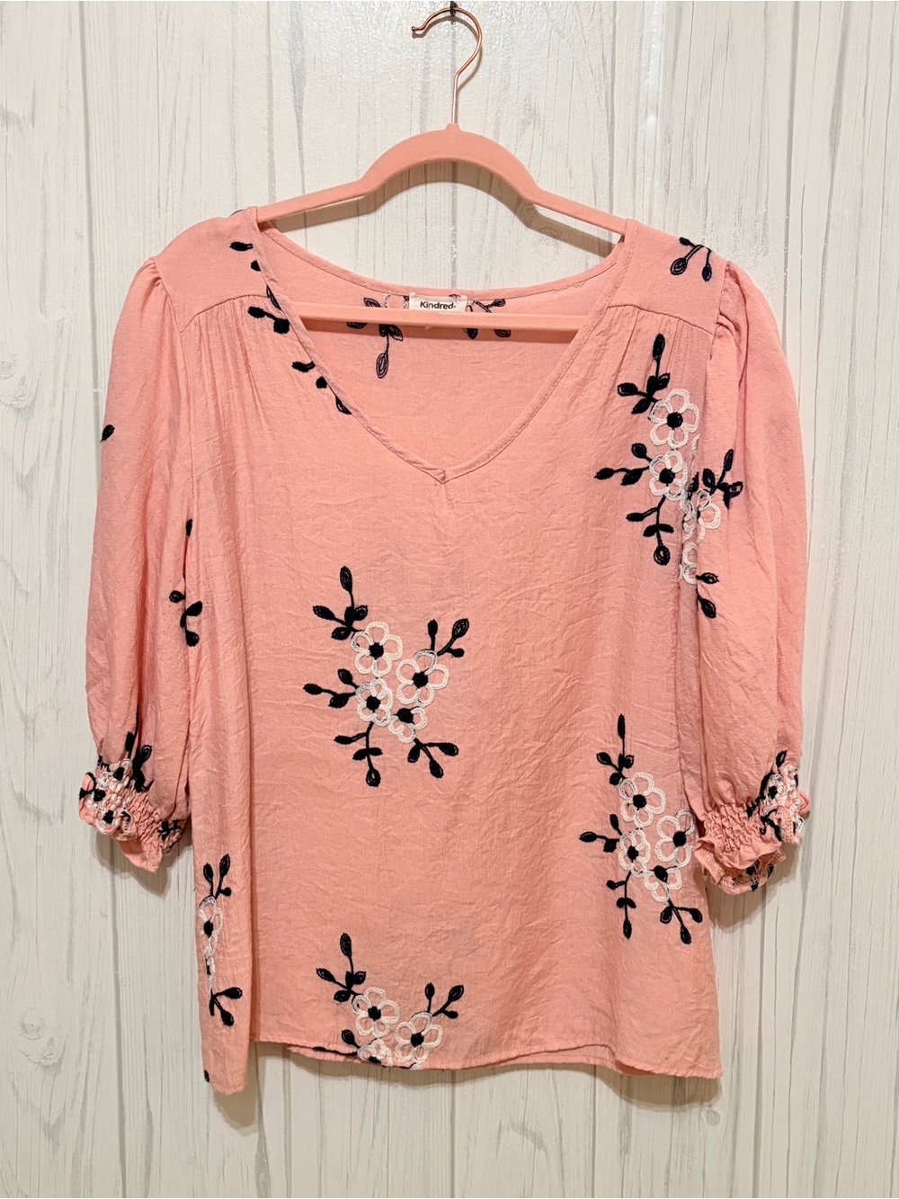 KINDRED Pink Floral Embroidered 3/4-Sleeve Cottagecore V-neck Top, Large
